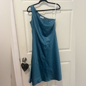 Teal satin one shoulder dress